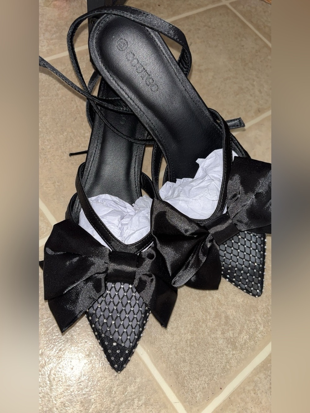 Black Studded Pointed Slingback Heels with Satin Bow
